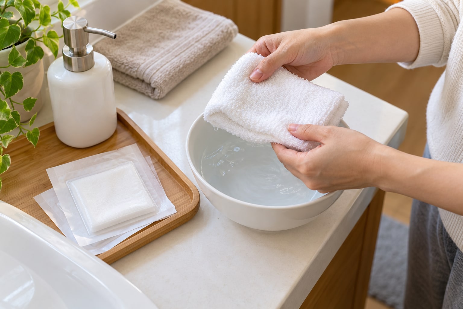 khăn ấm sạch và gạc dùng để chăm sóc mụn nhọt