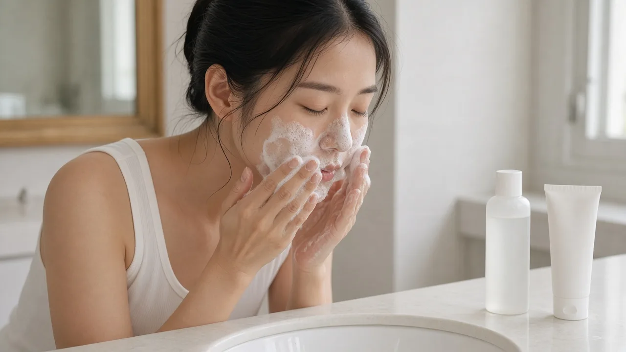 成年人在洗手台前以溫和泡沫洗臉,旁邊放著無品牌的保養瓶,代表粟丘疹的日常溫和清潔